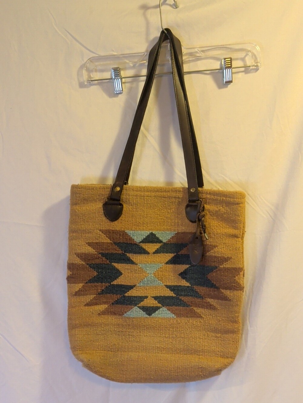Woven Geometric Tote Bag in Mustard with Leather Straps